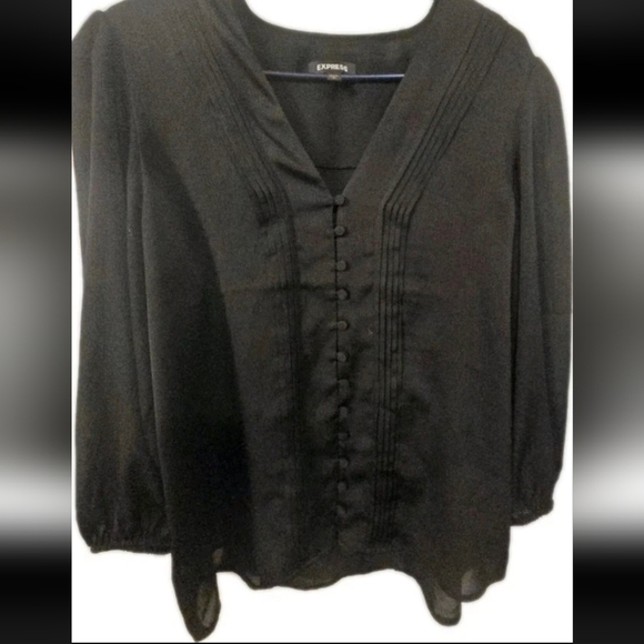Express Black Button Front Blouse Women’s Large Long Sleeve Pleated V Neck Top - Picture 2 of 8